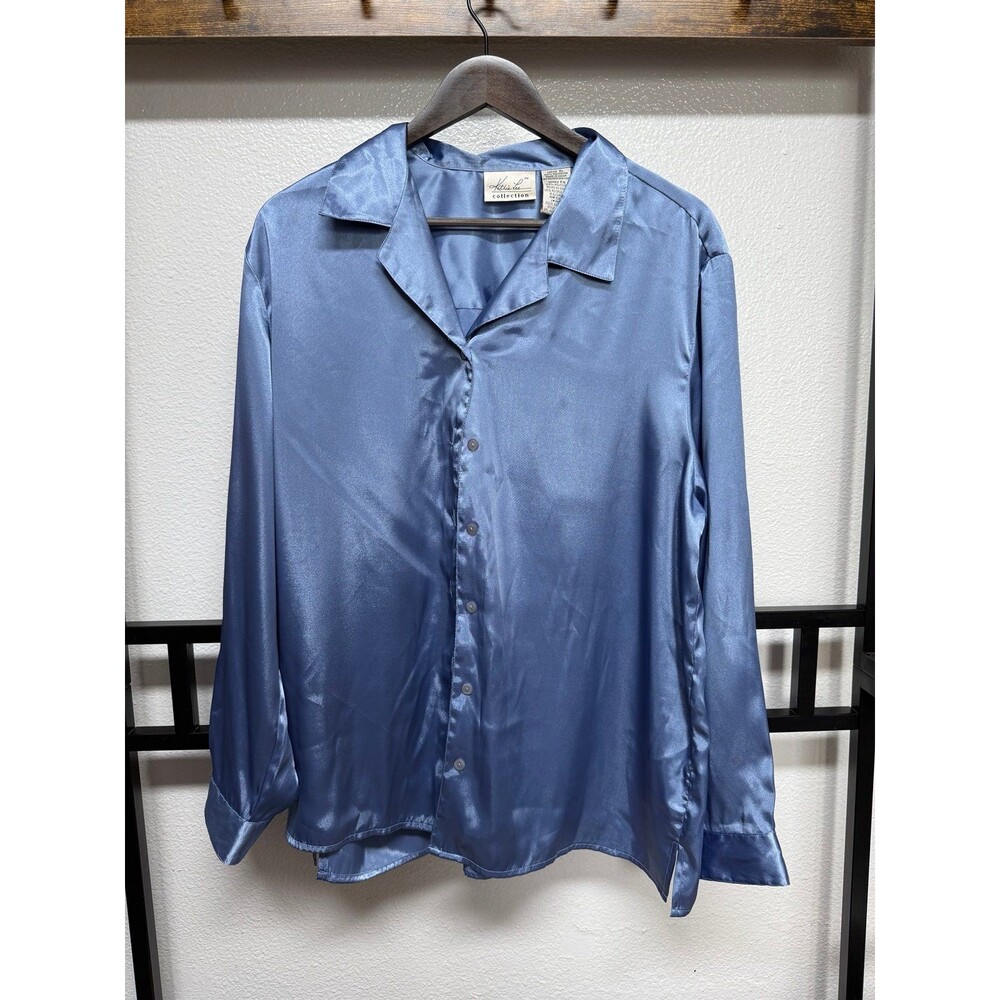 Vintage Kathy Lee collection silk button down dress shirt blue Size XL